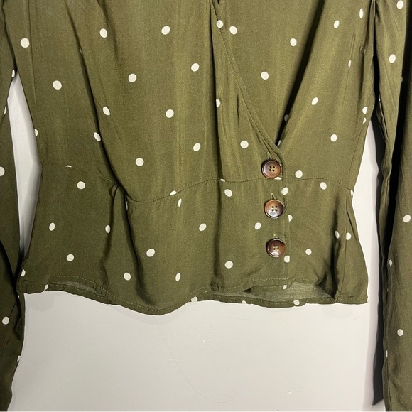 Abercrombie & Fitch Olive Green & White Polka Dot Long sleeve Wrap Blouse-size S - Picture 6 of 13